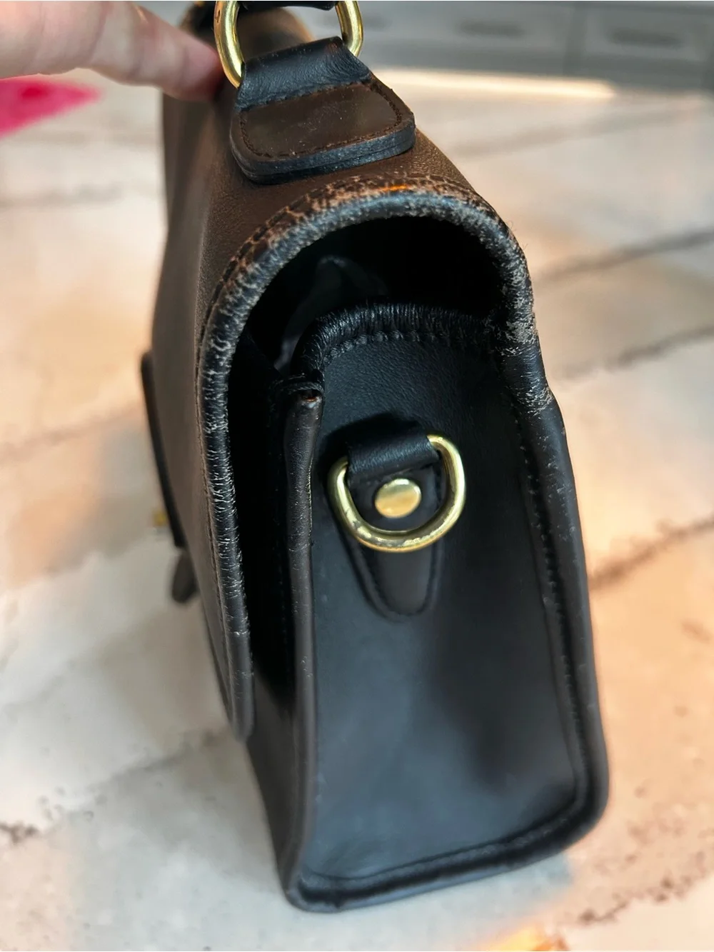 Kirkland Signature Black Leather Top-Handle Satchel with Gold-Tone Turn Lock
